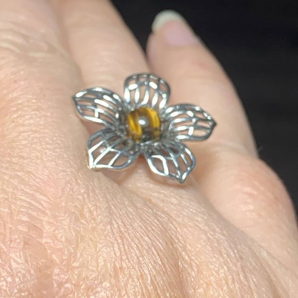Solid Sterling Flower Ring With Tigers Eye - image 5